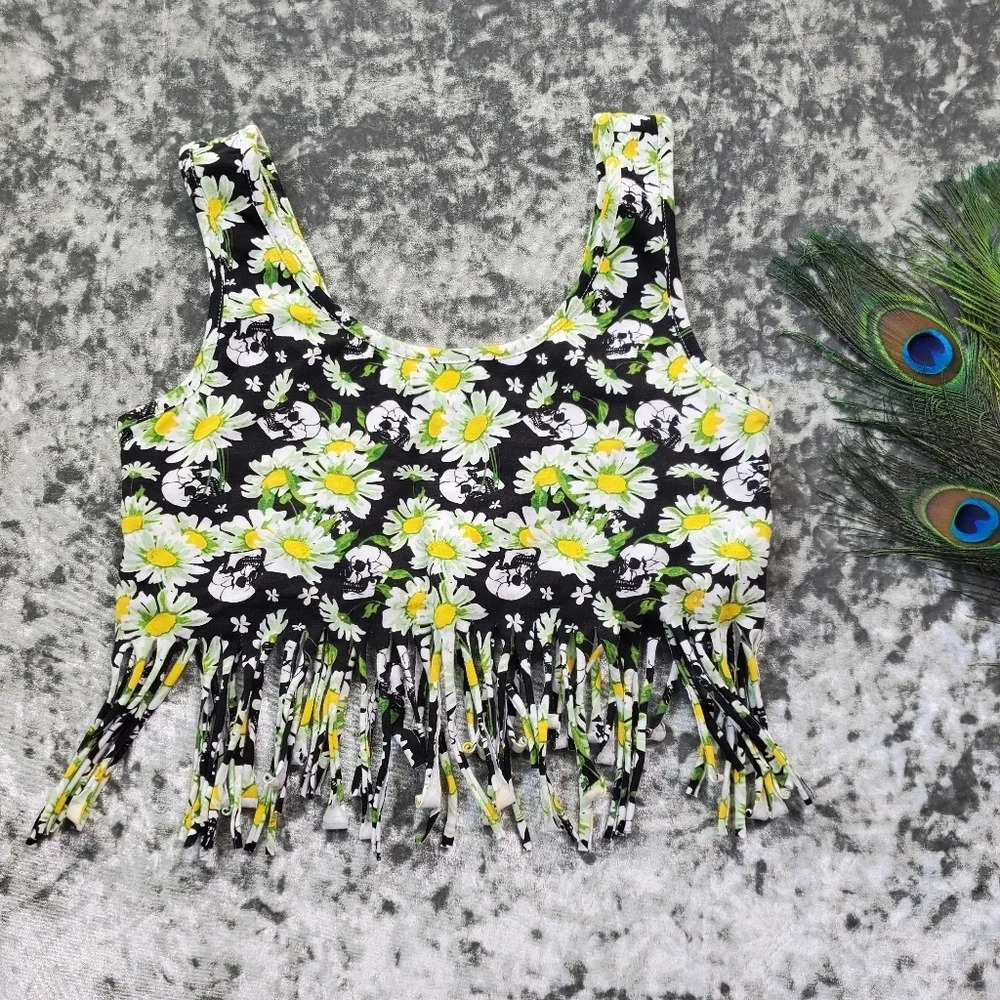 Hot Topic Daisy & Skull Fringe Crop Top